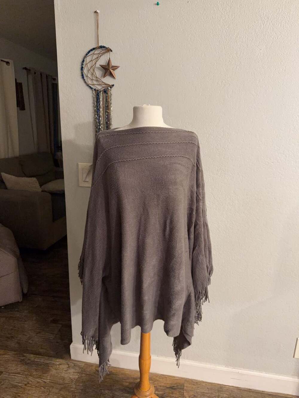 Grey Knit Fringe Poncho Sweater
